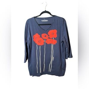 Marushka Poppy Hand Printed Tee Shirt Top XL Navy Blue Red